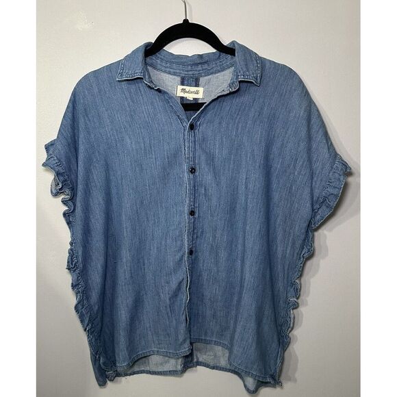 Madewell Denim Top Sz XXS Ruffie Shirt Blouse Cotton Linen Cap sleeve - Picture 2 of 8
